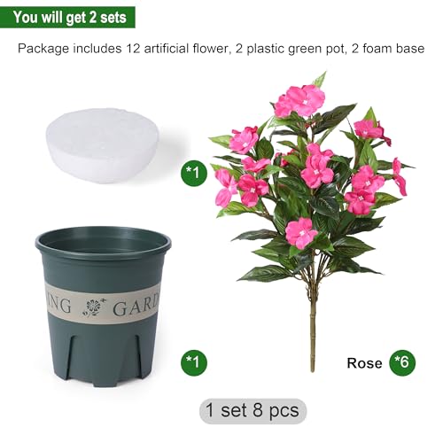 Artificial Flowers for Outdoors, 2 Set Fake Potted Flowers 12 Bundles UV Resistant Realistic Silk Faux Impatiens with Pot for Outside Balcony Garden Window Box, Rose - color: Impatiens-rose