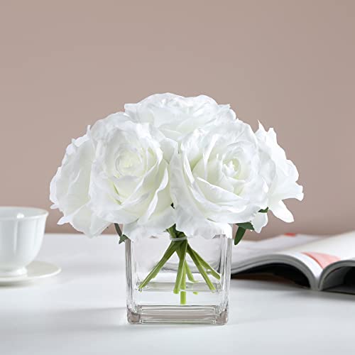 7 Large Stem Rose Artificial Flowers in Vase, Silk Floral Arrangement in Vase with Fake Water for Home Decor, Wedding Table (Cream) - color: White