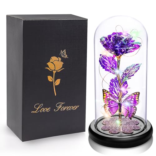 Mothers Day Mom Gifts for Mom Women Birthday Gift Galaxy Glass Rose in Glass Dome Forever Eternal Crystal Flowers with Butterfly Mother's Day Flower Gifts for Women Wife Grandma Daughter Sister Purple - color: A Purple