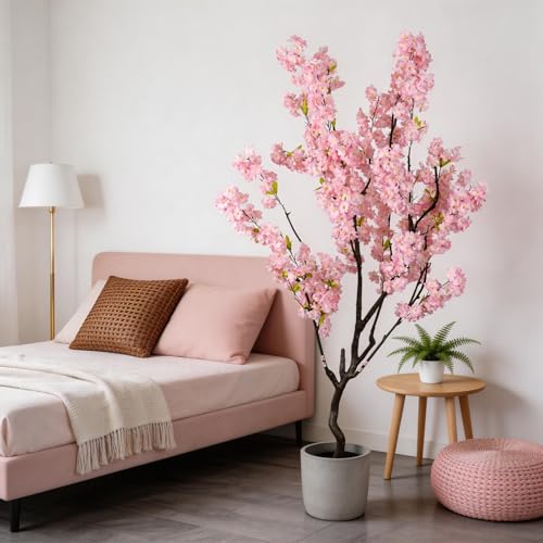 7.2ft Artificial Cherry Blossom Tree for Indoor Decor,Nearly Nature Pink Silk Flowers Fake Tree Tall,Realistic Faux Cherry Plant Tree for Christmas New Year Decor - color: Pink-ap20