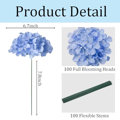 100 Pcs Faux Blue Hydrangea Artificial Flowers Bulk, Fake Silk Hydrangea Flowers Heads with Stems for Wedding Decorations Garden Party Baby Shower Porch Home Decor Table Centerpieces - color: Blue, size: 100 Pcs