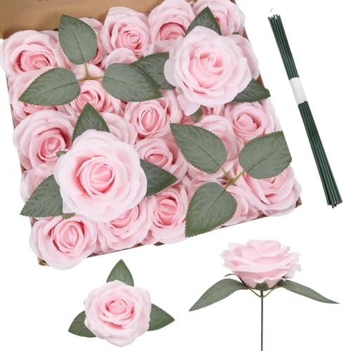 25PCS Light Pink Roses Artificial Flowers 3.94" Large Silk Roses with Stems Real Look Artificial Roses for Wedding Table Centerpieces Arrangement Home Decor(Light Pink) - color: Light Pink