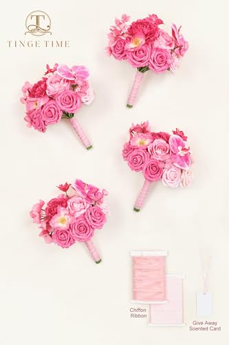 TINGE TIME 7inch Wedding Bouquets for Bridesmaid, Artificial Flowers Cascading Bridal Bouquet for Wedding (Hot Pink, Set of 4) - color: Hot Pink