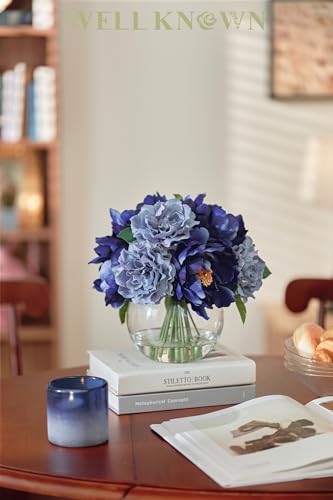 WELL KNOWN Artificial Blue Peonies Flowers in Vase with Faux Water, Silk Fake Flower Arrangements for Spring Home Dining Coffee Table Decor Wedding Party Centerpieces & Mom's Birthday Gift - color: Blue