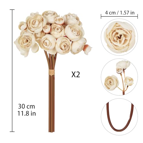 IPOPU Ranunculus Artificial Flowers 2Bouquets Silk Flowers with Stems 12PCS Mini Fake Flowers for DIY Wedding Bouquet Bridal Shower Decorations Floral Filler Flowers Centerpieces (Beige) - color: Beige