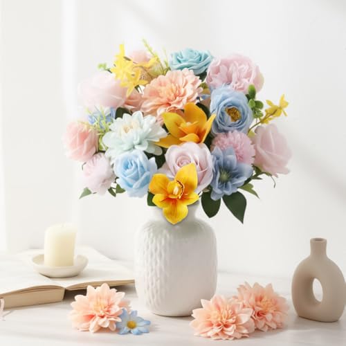 Artificial Flowers Combo, Yellow Blue Pink Silk Flowers Roses Dahlia Mix, Fake Flowers with Stems for DIY Bridal Bouquets Floral Arrangement Table Centerpieces Home Wedding Cake Decorations - color: Pink, Blue, Yellow