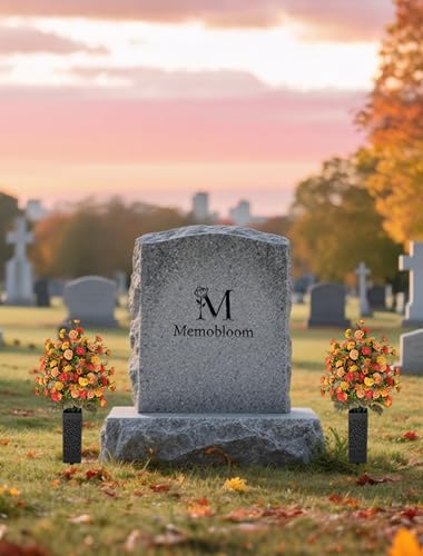 Artificial Cemetery Flowers for Grave: 2 Pcs Fake Fall Flowers for Cemetery Orange Mums Bouquets with Vases - Outdoor Grave Decorations - color: Orange & Red