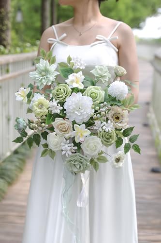 rongflower White Green Artificial Flowers Combo Set Fake Flower Leaf Box with Stemst for DIY Wedding Bridal Bouquet, Centerpieces, Home Decor, Floral Arrangement Decor - color: Green White