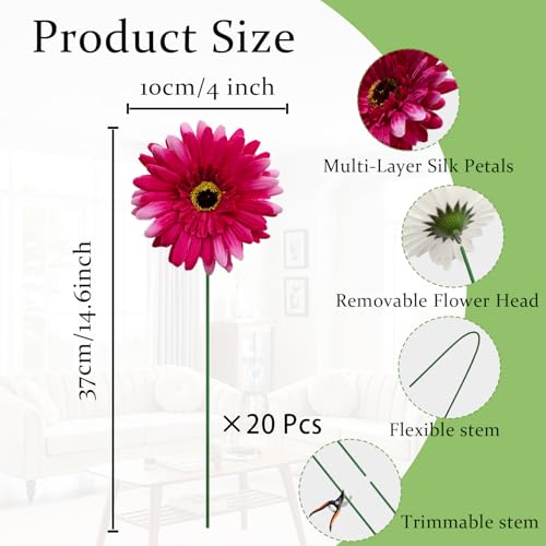 20 Pcs Fake Silk Gerbera Daisy Artificial Flowers with Stems Faux Daisies Flower Bulk for DIY Art Crafts Home Wedding Party Vase Centerpieces Tables Garland Wreath Decoration (Rose Pink) - color: Rose Pink