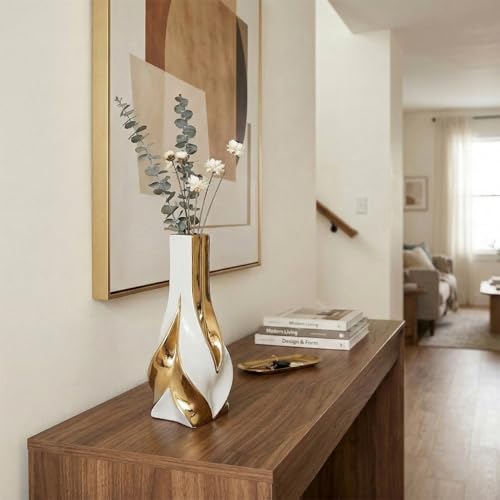 10.6" White and Gold Ceramic Vase, Modern Geometric Flower Vase for Dining Table Centerpiece, Elegant Decorative Vase for Pampas Grass, Living Room, Bedroom, Office, Tabletop Decoration - color: White Gold