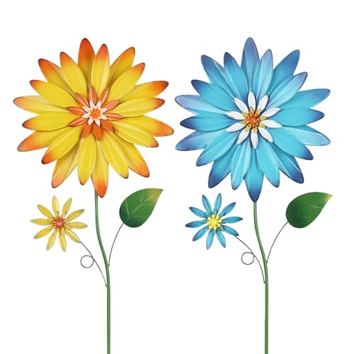 YEAHOME Garden Decor for Outside, 35.4“ Set of 2 Metal Flowers Decorative Garden Stakes for Spring Decor, Yard Art Flower Stakes for Outdoor Lawn Backyard Porch Garden Decorations (Yellow, Blue) - color: Blue,yellow