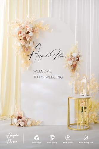 Deluxe Wedding Arch Flowers with Drapes Kit Pack of 4, 2pcs Champagne & White Eucalyptus Hanging Silk Flowers Arrangement 2pcs Chiffon Drapes for Ceremony Arbor Party Outdoor Decor - color: Champagne & White Eucalyptus