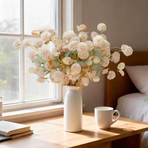 12 Pcs Beige Fake Flowers for Vase, 50 Heads Faux Silk Mums with Eucalyptus, Artificial Flowers with Long Stem, Chrysanthemums for Wedding Centerpieces Floral Arrangements Home Decor - color: Beige
