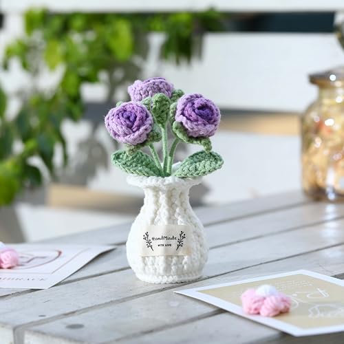 Crochet Rose Flower Potted Plant – Purple, Valentines Day Gift for Her, Handmade Knitted Romantic Desk Decor - color: D-rose-purple