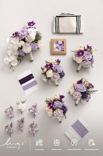 Ling's moment Wedding Artificial Flowers Package, Bridal Bouquet, Bridesmaid Bouquets, Boutonniere for Men, Rose Petals.Sage Orchid Purple Cream - color: Prpl-sage Orchid & Purple Cream