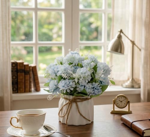 TKAS Fake Flowers Arrangement in Ceramic Vase, Artificial Faux Silk Hydrangea, Small Realistic Dried-Style Floral, Dining Table Centerpiece for Wedding Party Home Decoration (Blue) - color: Blue