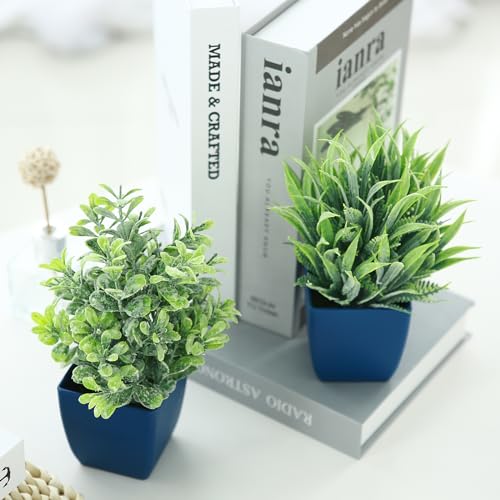 summer flower 2 Pack Fake Plants in Pot Small Artificial Eucalyptus Potted Plant Faux Rosemary in Pot Greenery for Home Decor Indoor Office Shelf Table Desk Bathroom Decoration (Blue-2) - color: Blue-2