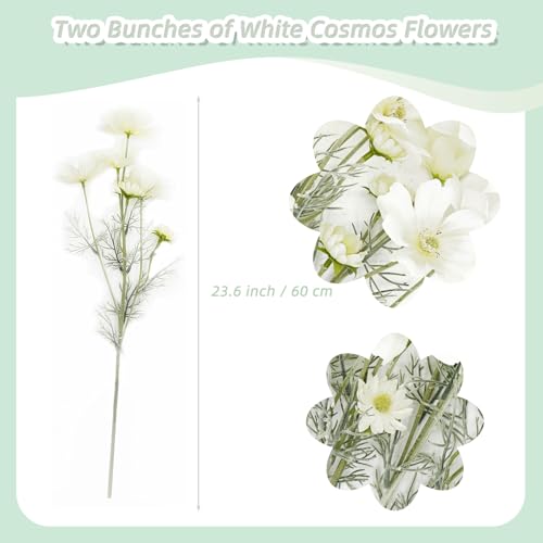 White Artificial Flowers Fake Cosmos Flowers, 2 Pcs Wedding Bouquets Artificial Cosmos Flowers Bulk, 23.6 Inch Realistic Artificial Flower Faux Silk Cosmos for Vase, Dining Table, Floral Arrangement - color: White, size: 2pcs