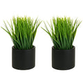 MyGift Tabletop Artificial Grass Plants Decorative Faux Greenery Plant Potted in Modern Cylindrical Black Cement Pots, Set of 2 - color: Black (Round)