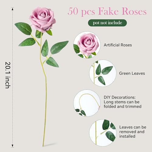 50 PCS Pink Roses Artificial Flowers, Real Looking Fake Roses with Long Stems Silk Flowers for DIY Wedding Bouquet Party Celebration Home Bridal Shower Decoration Valentine's Day Gift for Her Wife - color: Pink