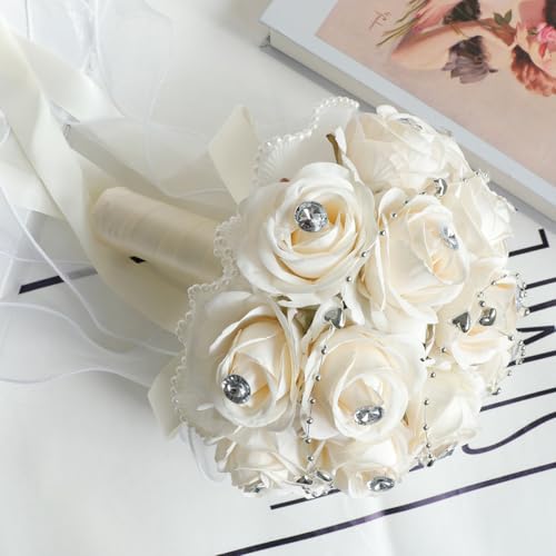 Faylapa Wedding Bouquets for Bride Bridesmaid Hand Bouquet Diamond Artificial Flowers for Wedding Marriage Proposal Party Valentine's Day Church Home Decoration (Champagne) - color: Champagne, size: 7.87 inch diamond bouquet