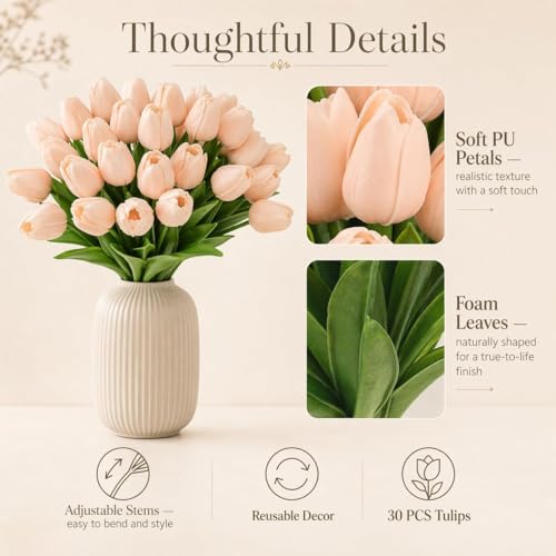 MACTING 30 PCS Artificial Tulip Flowers 13.7" Real Touch Fake PU Tulips Bouquet Faux Flowers for Floral Arrangements Table Centerpieces Kitchen Mothers Day Summer Decorations,Light Pink - color: Light Pink