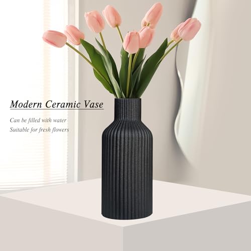 Black Ceramic Flower Vase, Minimalist Modern Home Decor, Matte Finish Pampas Grass Vase for Table, Fireplace, Shelf, Mantel, Entryway and Centerpieces (10in) - color: Black, size: 10in