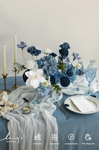 Ling's moment Fake Flowers Box, Faux Artificial Greenery Stems Foam Roses Gardenias Silk Dahlia Peony Fabic Flower for Centerpieces Bouquet Wedding Vase Decorations, Dusty Blue & Navy, Deluxe Combo - color: Blu-dusty Blue & Navy, size: Deluxe
