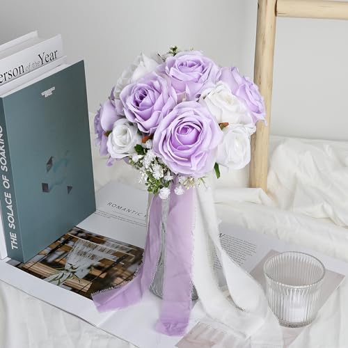 Wedding Bouquet for Bride - Premade Simple Artificial Roses Flowers for Bridal Shower Destination Ceremony Anniversary Decorations (Lilac & White) - color: Lilac & White