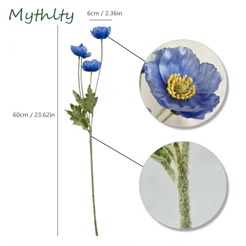 Set of 6 Poppies Flowers Artificial, Real Touch Silk Flowers with Long Stems for Vase, Realistic Faux Wildflowers Arrangement for Home Office Farmhouse Wedding Party Indoor Decor (Dark Blue) - color: Dark Blue