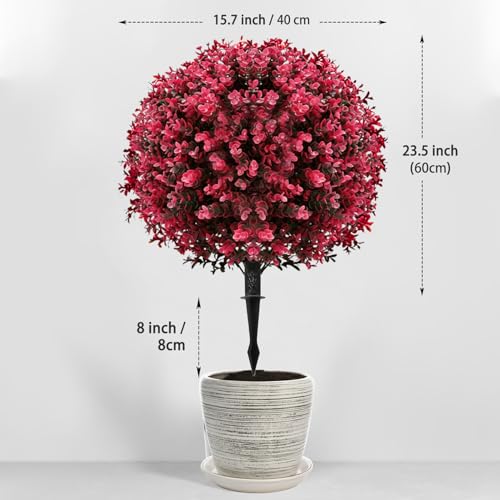 Artificial Red Eucalyptus Topiary Ball Tree (2-Pack) - 24" with Ground Spike for Faux Shrubs, Fake Evergreen Faux Plant for Indoor Outdoor Garden -UV Resistant–Fade-Proof - color: 2pcs-ground Cutting-red Eucalyptus