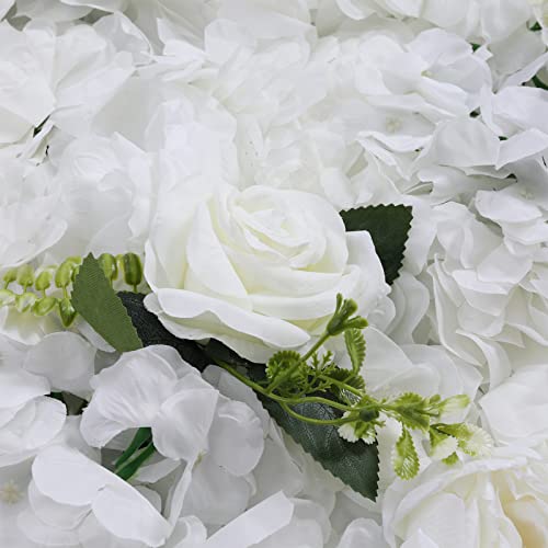 OUKANING 6 PCS Artificial Flower Wall Panels 3D Flower Wall Panel Flower Wall Backdrop 16" x 24" Faux Flower Wall Mat Silk Hydrangea Rose Floral Panel for Backdrop Party Wedding Wall Decorations - color: White+leaf