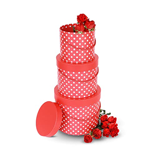 UNIKPACKAGING Premium Quality Round Flower Box, Gift Boxes for Luxury Flower and Gift Arrangements, Set of 3 pcs, (Red White Dots) - color: Red White Dots