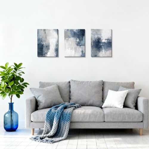 WENGTIAO 3 Pcs Navy Blue Abstract Canvas Wall Art Prints Modern Minimalist Blue Gray Artwork for Walls Framed White Neutral Poster Paintings Decor for Living Room Bedroom Bathroom Office 12x16x3Pcs - color: Abstract-blue, size: 12"x16"x3Pcs