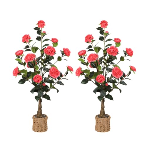 2Pack Artificial Camellia Tree, 3Ft Faux Pink Camellia Plant in Pot, Fake Outdoor Tree Camellia Flower Tree for Home Office Living Room Floor Indoor Decor - color: Pink