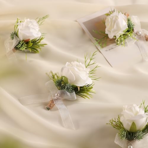 Garisey 4pcs White Rose Boutonniere for Men Artificial Rose Flower for Wedding Flowers Ceremony Prom Flower (4 Boutonniere) - color: 4 Boutonniere