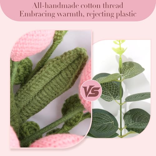 Handmade Crochet Pink Tulip Bouquet, Knitted Eternal Flower Arrangement with Gift Wrap, Pollen-Free Artificial Flowers for Valentine’s Day, Mother’s Day, Graduation, Birthday Gift - color: Pink