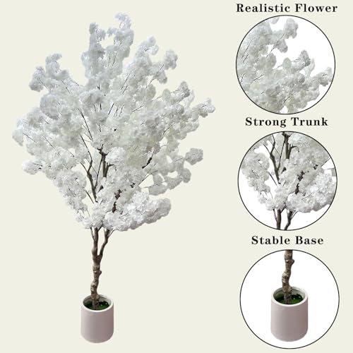Cherry Blossom Tree 7ft, White Artificial Cherry Tree Fake White Tree for Wedding Party Home Living Room Decor - size: 4ft 10in