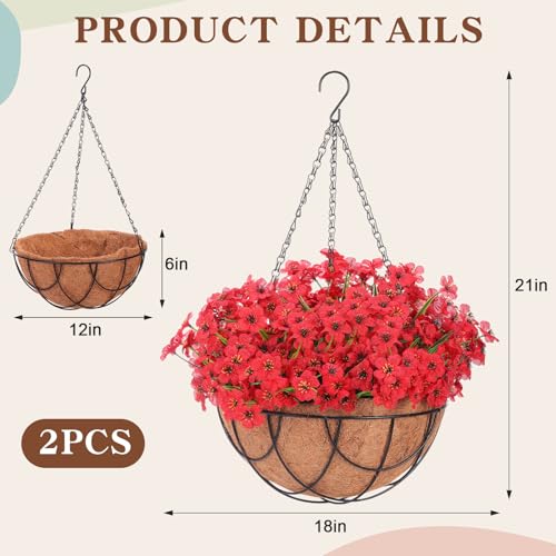 Beeveer 2 Pack Artificial Hanging Flower Basket for Outdoor Decoration Faux Orchid Hanging Plants with Coconut Lining Basket Fake Arrangement for Porch Courtyard Decor(Red, 2 Pack) - color: Red