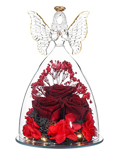 Mothers Day Rose Gifts Glass Angel Figurine with Three Roses Gifts, Preserved Forever Real Rose Gifts for Women, Angel Guardian with Rose for Mothers Day - Wine Red - color: Wine Red