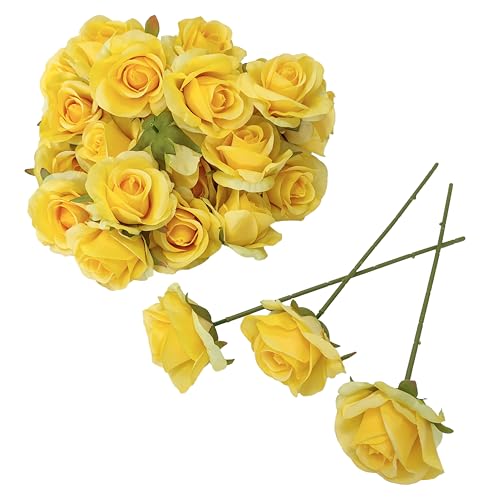 Artificial Satin Rose Flower Heads,42 Pcs Silk Rose Heads with Stems,3.5'' Rose Artificial Flowers Bulk,Artificial Rose Flower Heads for DIY Crafts Bouquet (42, Yellow) - color: Yellow