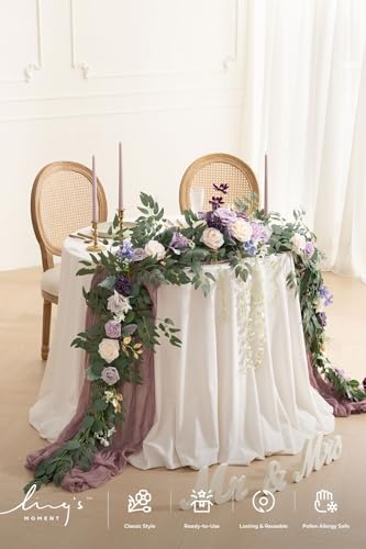 Ling's moment 9FT Flower Garland for Backdrop Decorations - Wedding Arch Flowers, Eucalyptus & Rose, Artificial Floral Garland for Mantel - Sweetheart Table Decor for Ceremony Reception, Lilac & Gold - color: Prpl-lilac & Cream