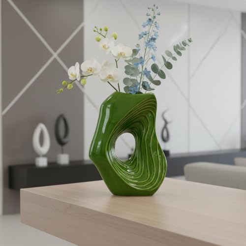 Sunddo Donut Green Ceramic Vase for Home Decor, 11 Inch Tall Modern Flower Vase for Pampas Grass, Unique Decoration Vases for Living Room, Shelf, Entryway, Fireplace Mantel, Console Decor - color: Green, size: 11 inch