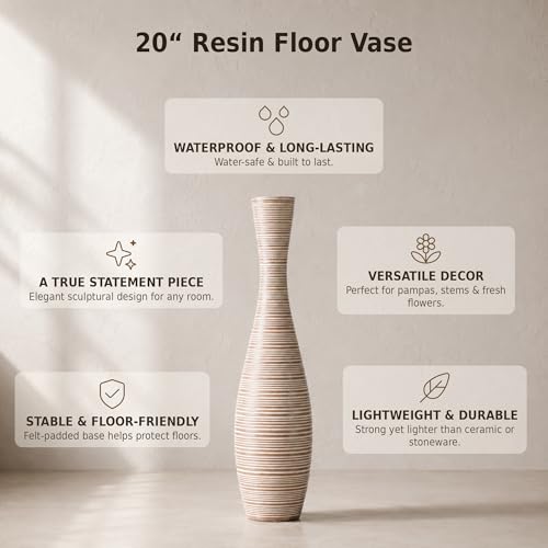 Leewadee Decorative Tall Floor Vase for Living Room Decor, 20″, White, Resin - color: White Wash, size: 20 inches