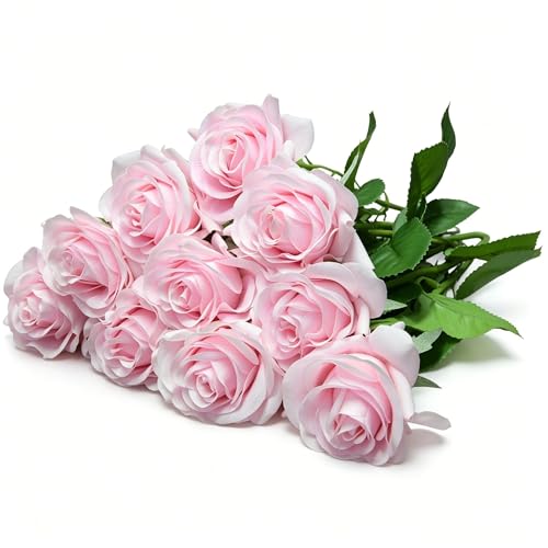 10 Pcs Real Touch Artificial Roses Fake Rose Long Stem Silk Faux Flowers Bridal Bouquet for Wedding Home Decor Romantic Valentine Gifts (Pink) - color: Pink