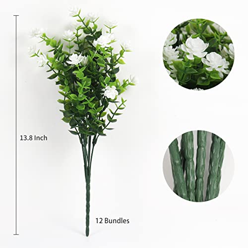 RECUTMS 12 Bundles Artificial Outdoor Plants, Artificial Greenery for Flower Arrangements Shrubs UV Resistant Faux Plastic Plants Spring Decorations for Home Front Porch Decor(White) - color: White, size: 12 Pcs
