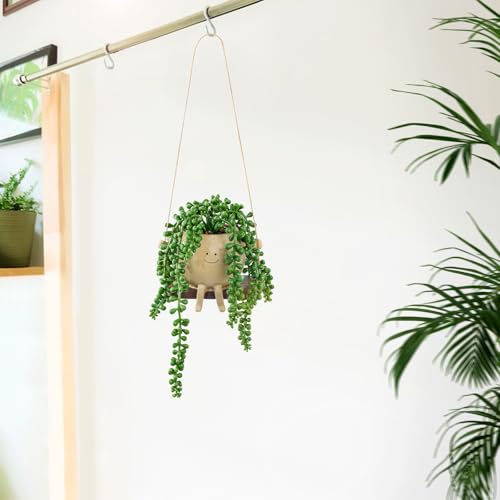 Artificial Hanging String of Pearls Succulent in Cute Smiley Face Swing Planter, Fake Trailing Succulent Plant for Indoor Outdoor Home Wall & Window Decor | Includes Hanging Hook - color: Hanging Succulents