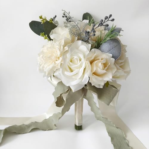 8.6 Inch Wedding Bouquets for Bride, Realistic Silk Bridal Bouquet, Ivory White Artificial Wedding Roses Bouquets, for Bride Bridesmaid, Wedding Ceremony Decoration (Ivory White) - color: Ivory White