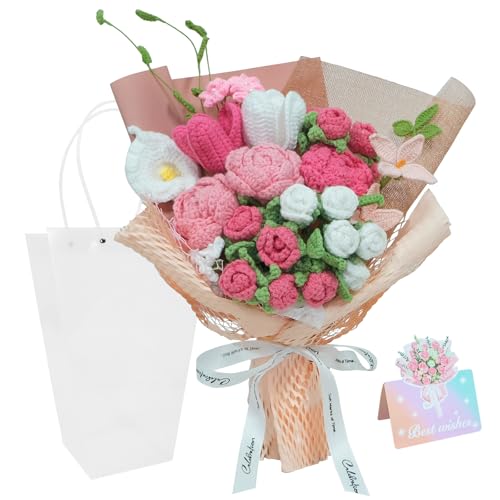 Crochet Flowers Bouquet,Handmade Luxurious Knitted Rose Tulips,Artificial Flower Bouquet for Her, Wife,Lover ,Girlfriend ,Mother, Anniversary,Graduation,Friends,Valentines Day (with Gift Bag&Card) - color: Rose&pink, size: X-Large