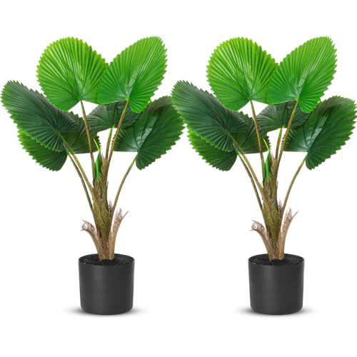 Giegxin 2 Pack Artificial Fan Palm Tree 2.36 ft Tall Fake Tree Round Leaf Fake Palm Plant with Planter, Faux Tropical Areca Floor Plant, Artificial Silk Plants for Indoor Outdoor Home Office Decor